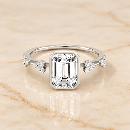 Emerald engagement ring setting in Platinum, Miley Clover Bezel Accent Solitaire Emerald Cut | RockHer