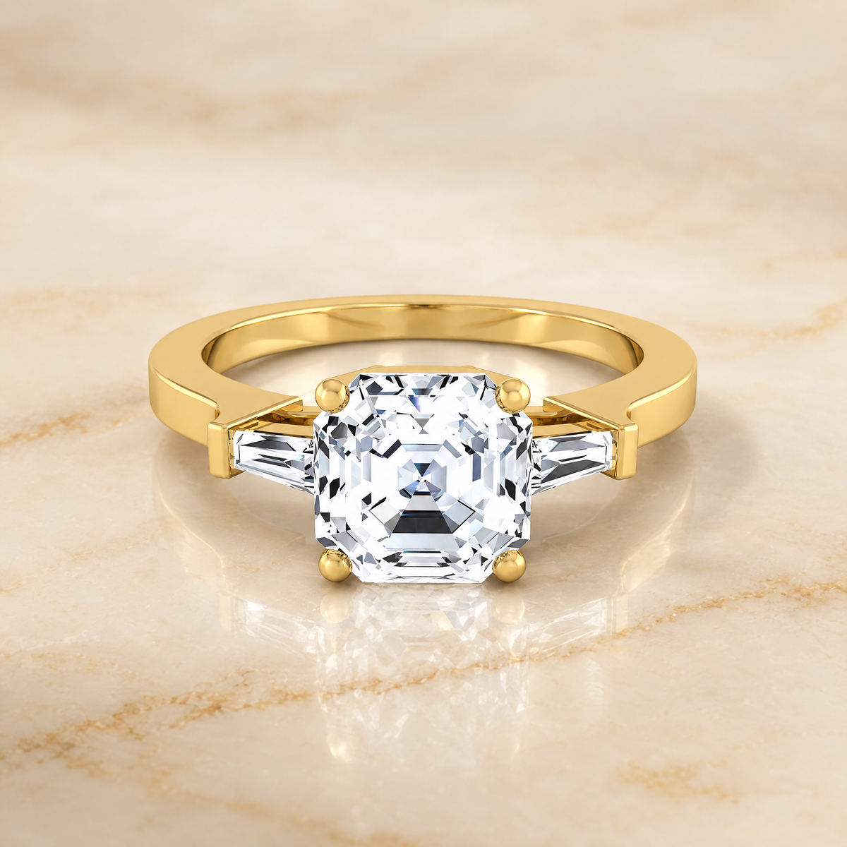 The June Three Stone Asscher Cut Engagement Ring Setting in 18K Yellow Gold
