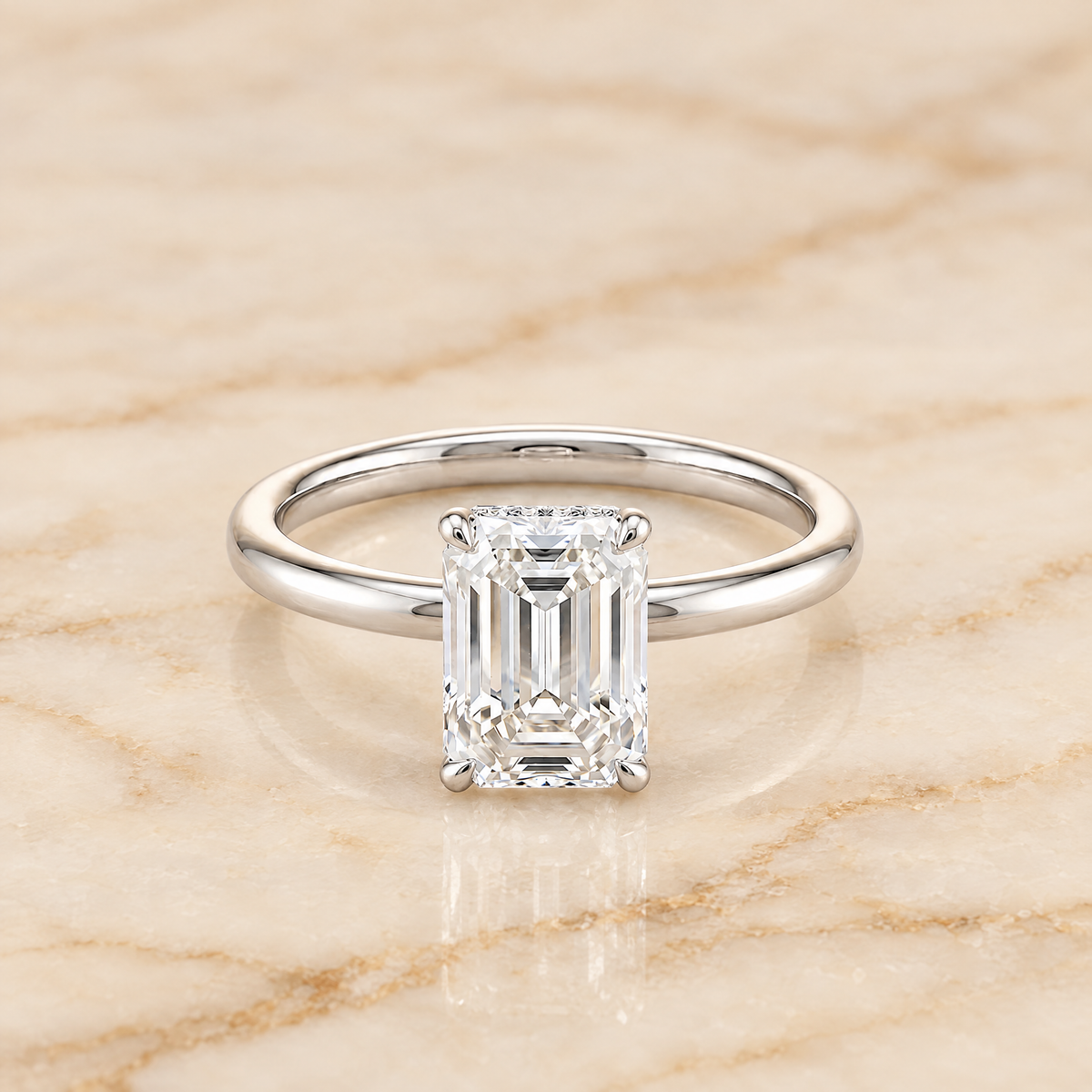 The Joni Hidden Halo Solitaire Emerald Cut Engagement Ring Setting in 18K White Gold