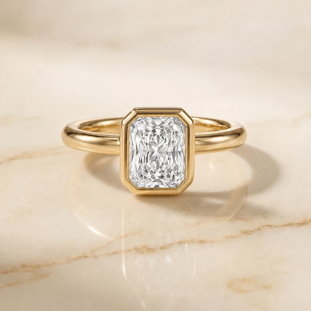 The Agnes Bezel Solitaire In Radiant Cut Engagement Ring Setting in 18K Yellow Gold