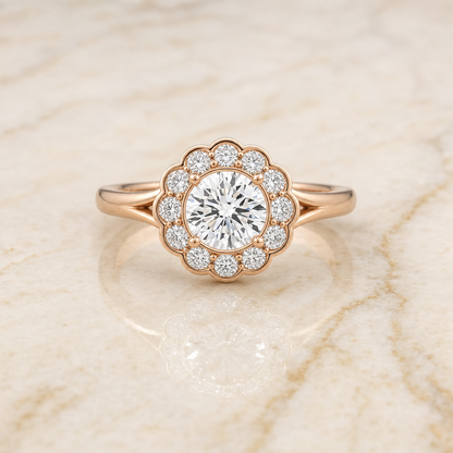 The Nera Floral Split Shank Halo Round Engagement Ring Setting in 14K Rose Gold