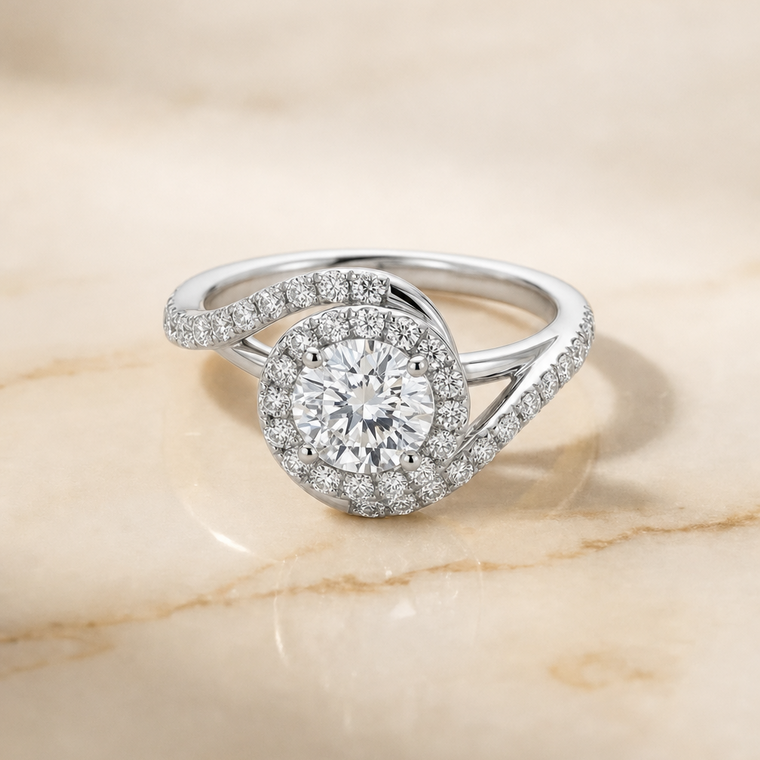 The Ariana Select Swirl Halo Round Lab Diamond Engagement Ring in Platinum