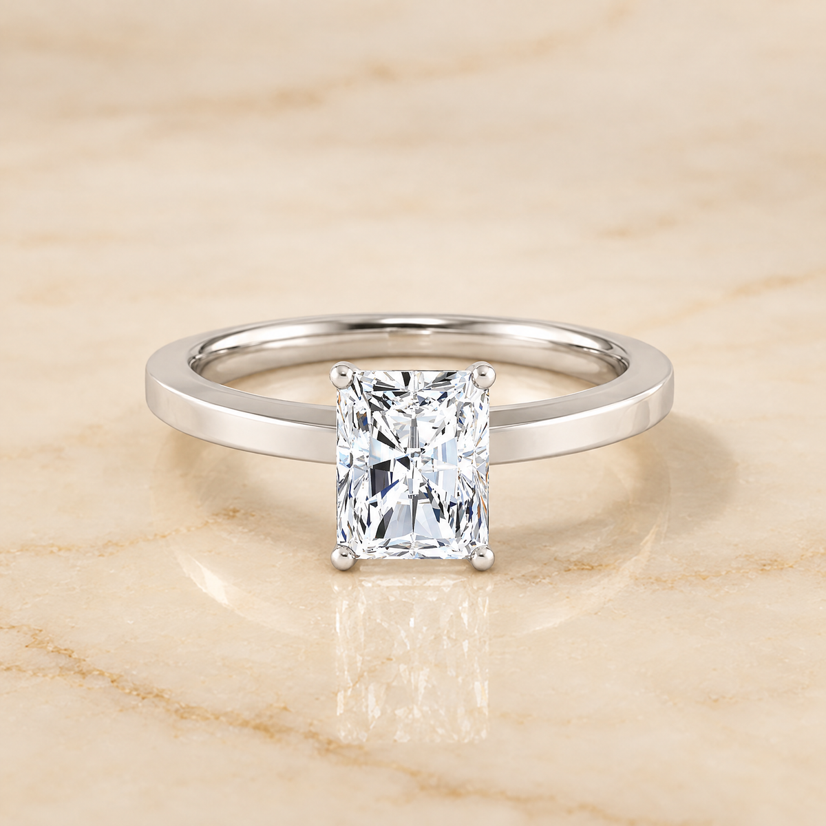 The Carmen Beveled Edge Comfort Fit Solitaire Radiant Cut Engagement Ring Setting in Platinum