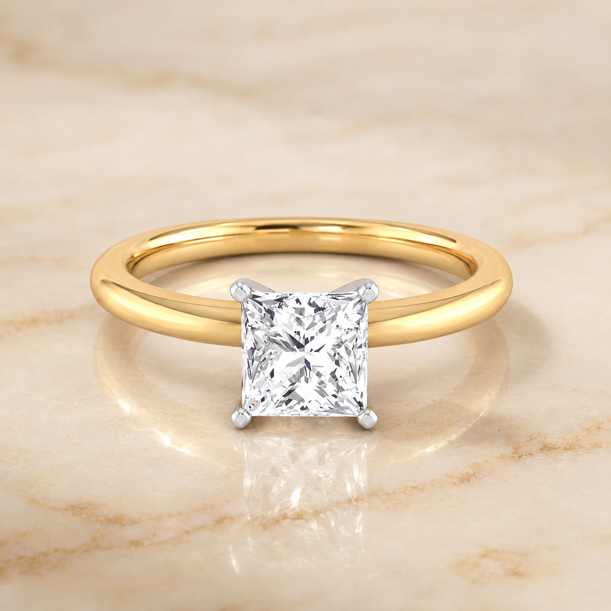 The Floria Comfort Fit Claw Prong Solitaire Princess Cut Engagement Ring Setting in 18K Yellow Gold