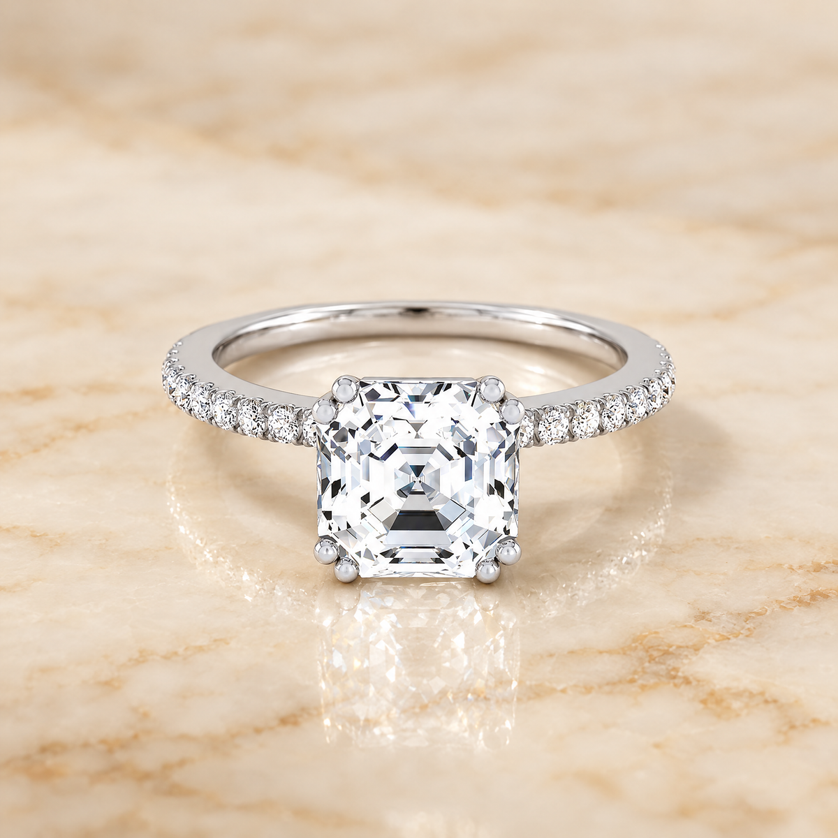 The Kelly Double Claw Prong French Pavé Asscher Cut Engagement Ring Setting in Platinum