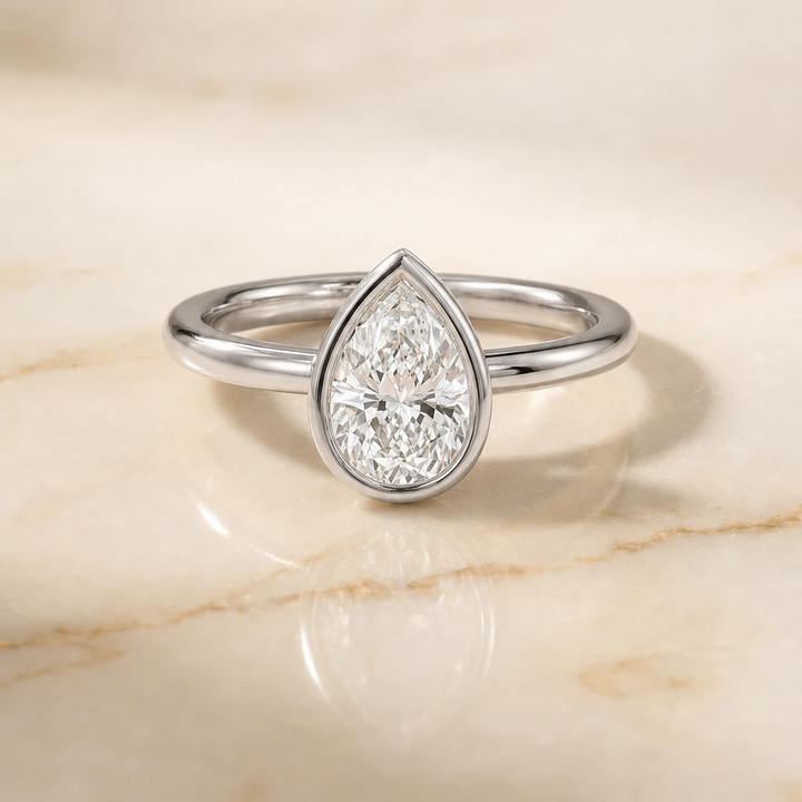 The Agnes Bezel Solitaire In Pear Engagement Ring Setting in 18K White Gold