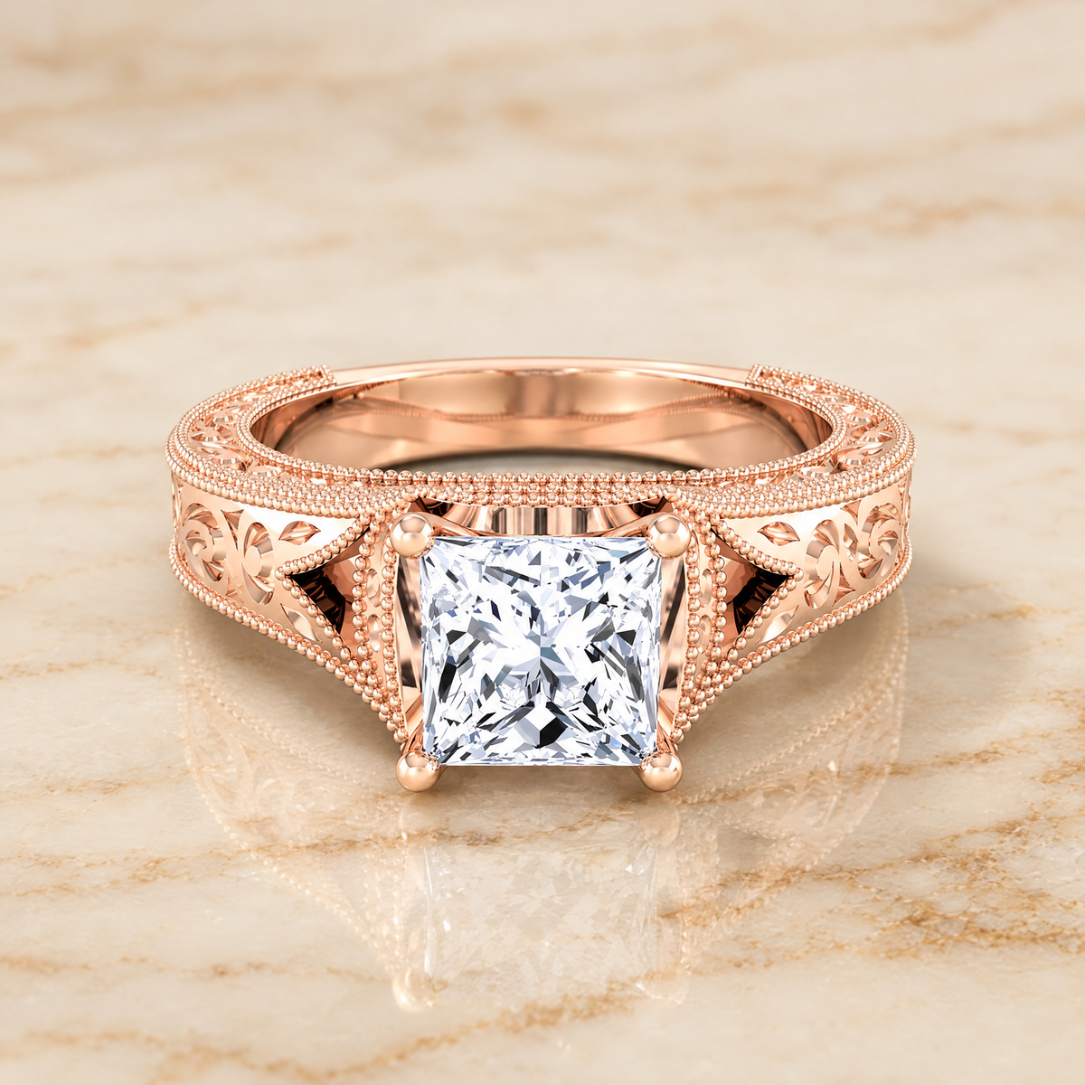 The Janis Hand Engraved Milgrain Vintage Solitaire Princess Cut Engagement Ring Setting in 14K Rose Gold