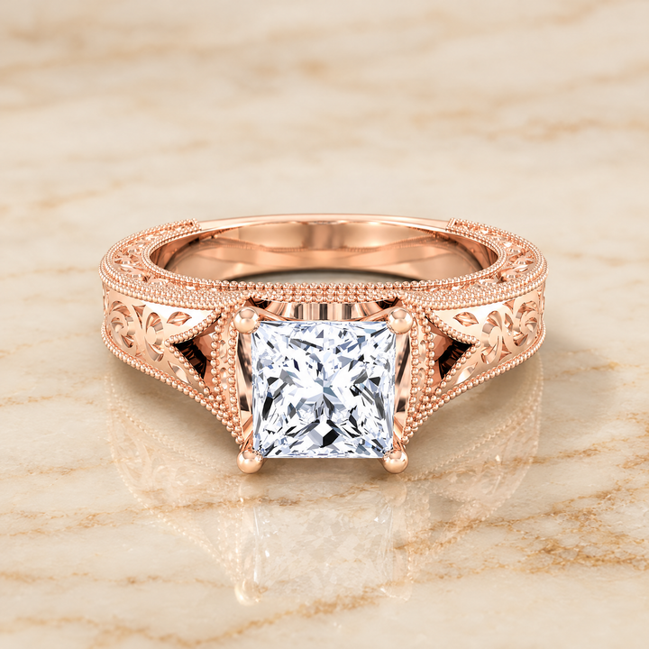 The Janis Hand Engraved Milgrain Vintage Solitaire Princess Cut Engagement Ring Setting in 14K Rose Gold