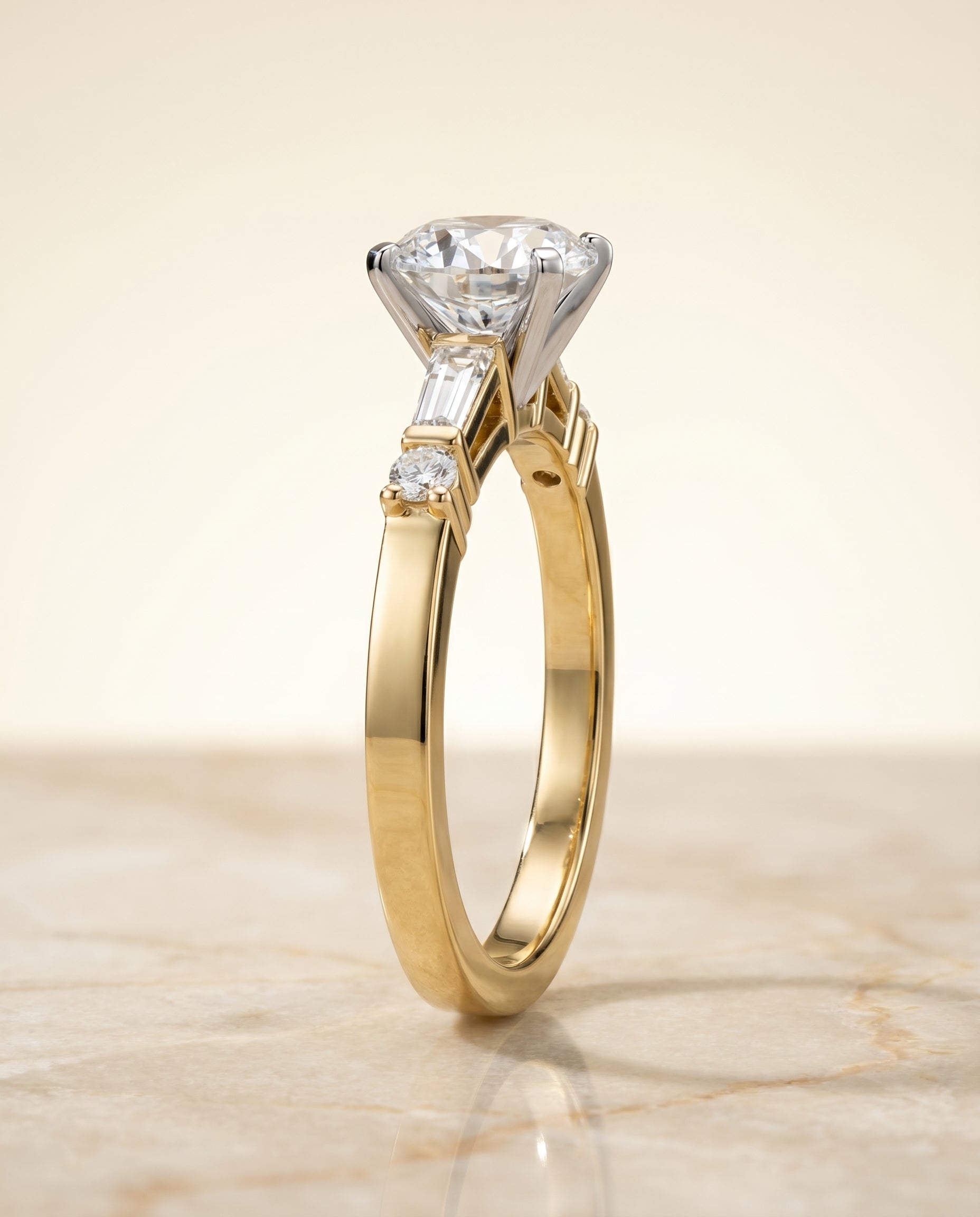 Diana Select Tapered Baguette Three Stone Round Lab Diamond Engagement Ring in 18K Yellow Gold, side view | RockHer