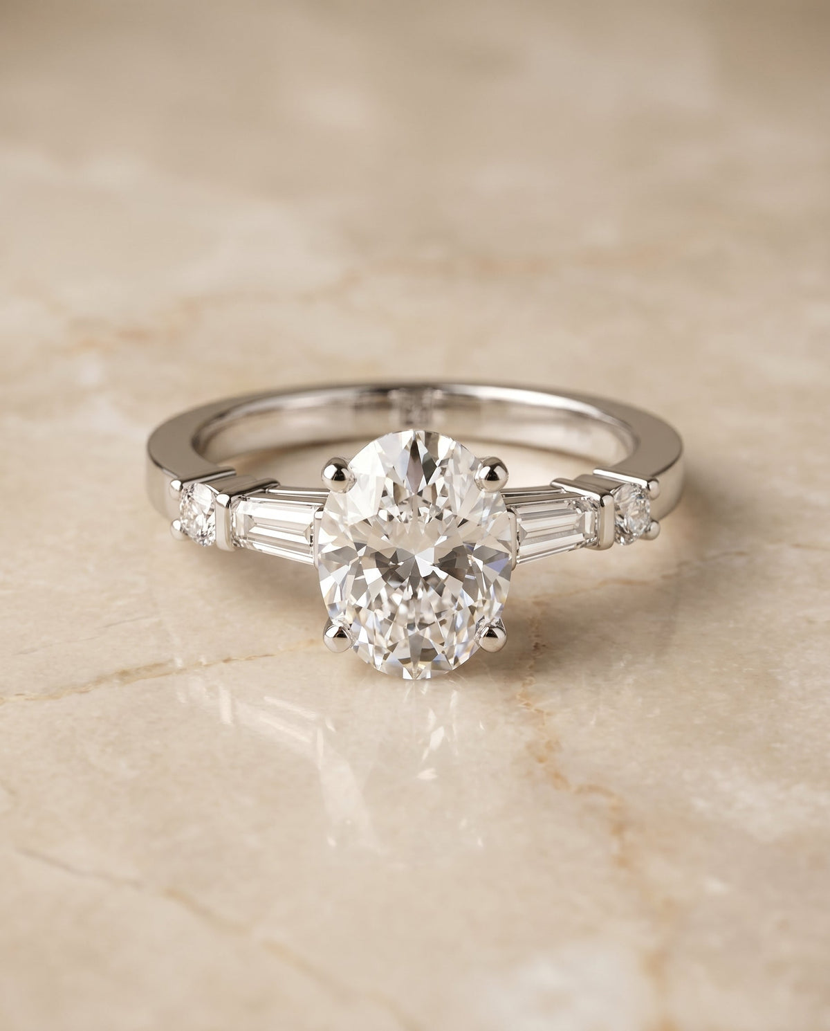 Diana Select Tapered Baguette Three Stone Oval Lab Diamond Engagement Ring in 18K White Gold, alternate angle | RockHer