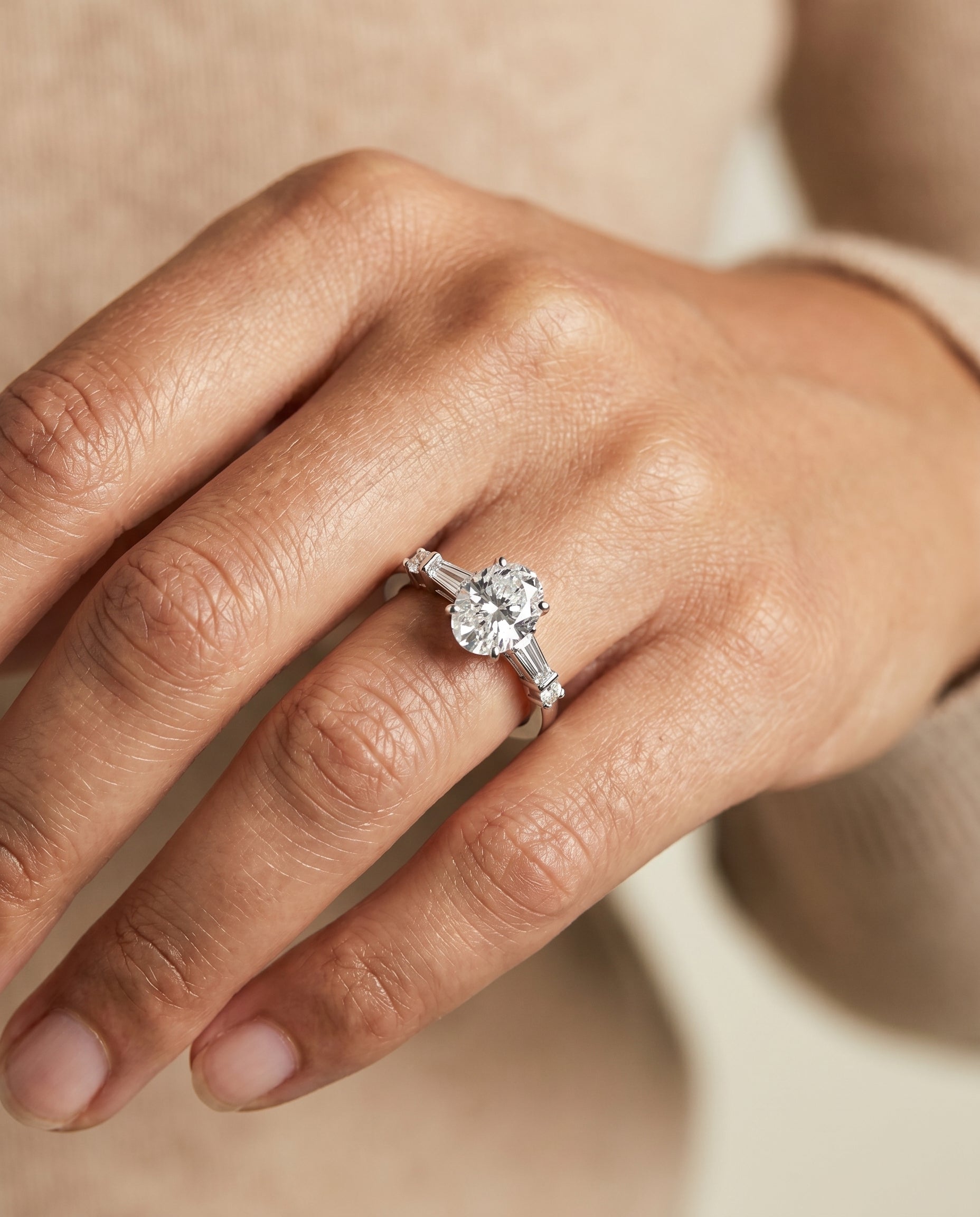 The Diana engagement ring setting in Platinum, tapered baguette three stone design | RockHer