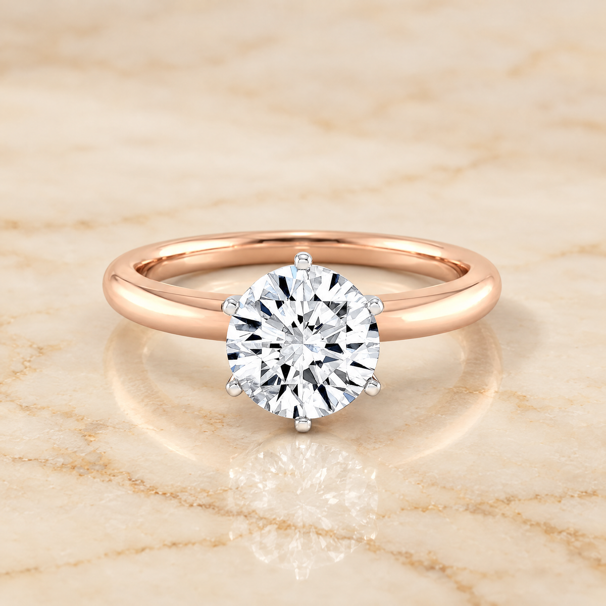 The Elettra Timeless Comfort Fit Six Prong Solitaire Round Engagement Ring Setting in 14K Rose Gold