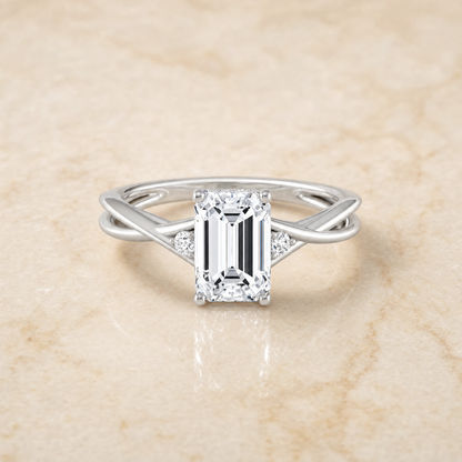 The Dusty Hidden Halo Solitaire Emerald Cut Engagement Ring Setting in Platinum