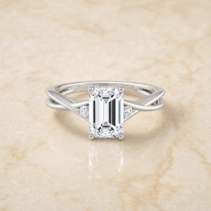 The Dusty Hidden Halo Solitaire Emerald Cut Engagement Ring Setting in 18K White Gold