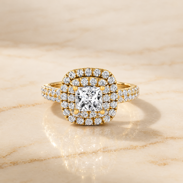 The Dinah Double Halo Princess Cut Engagement Ring Setting in 18K Yellow Gold