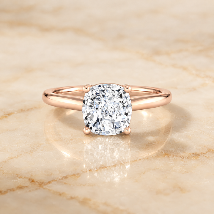 The Gladys Pinched Cathedral Solitaire Cushion Cut Engagement Ring Setting in 14K Rose Gold