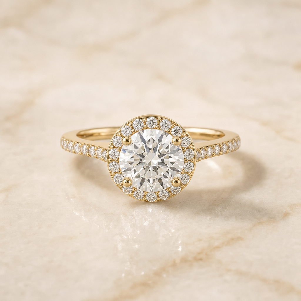 The Taylor Pavé Halo Round Engagement Ring Setting in 18K Yellow Gold
