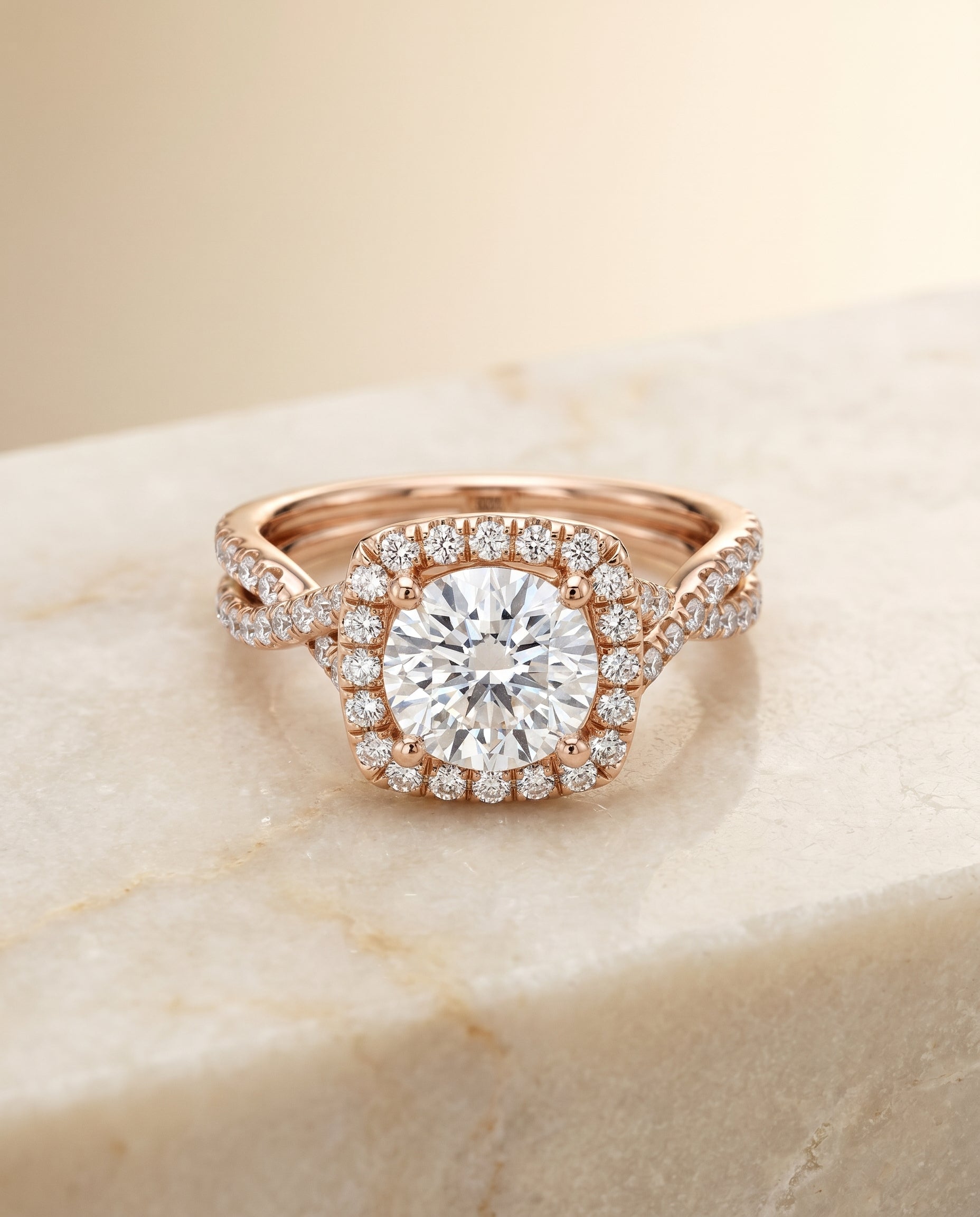Round Brilliant, Beaded Floral Halo Leaf Shoulders, in 14K Rose Gold, pave setting – angled view | RockHer