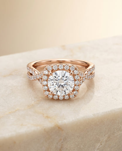 Round Brilliant, Beaded Floral Halo Leaf Shoulders, in 14K Rose Gold, pave setting – angled view | RockHer