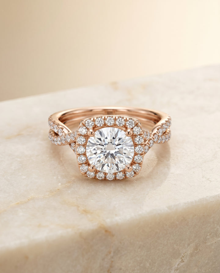 Round Brilliant, Beaded Floral Halo Leaf Shoulders, in 14K Rose Gold, pave setting – angled view | RockHer