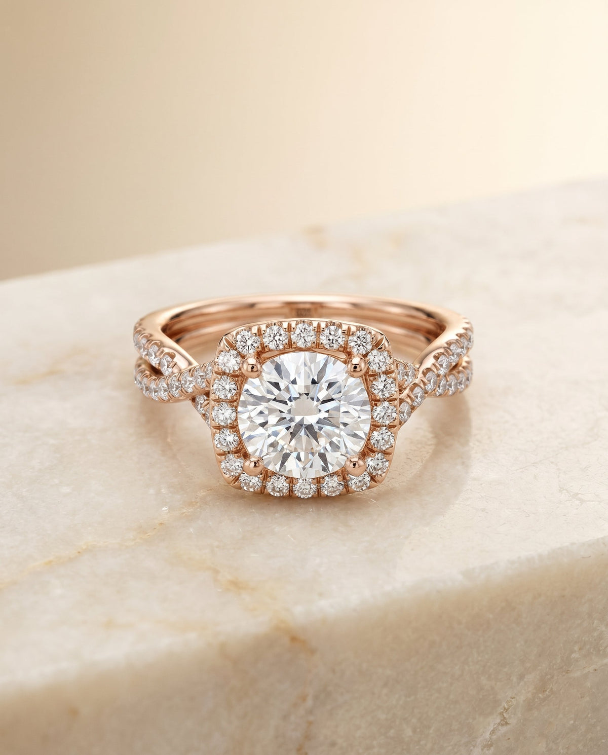 Shania Select Beaded Floral Halo Leaf Shoulders Round Lab Diamond Engagement Ring in 14K Rose Gold, alternate angle | RockHer