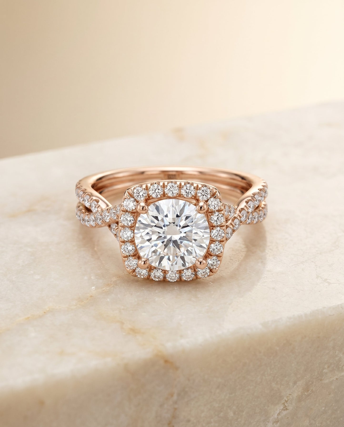 Shania Select Beaded Floral Halo Leaf Shoulders Round Lab Diamond Engagement Ring in 14K Rose Gold, alternate angle | RockHer