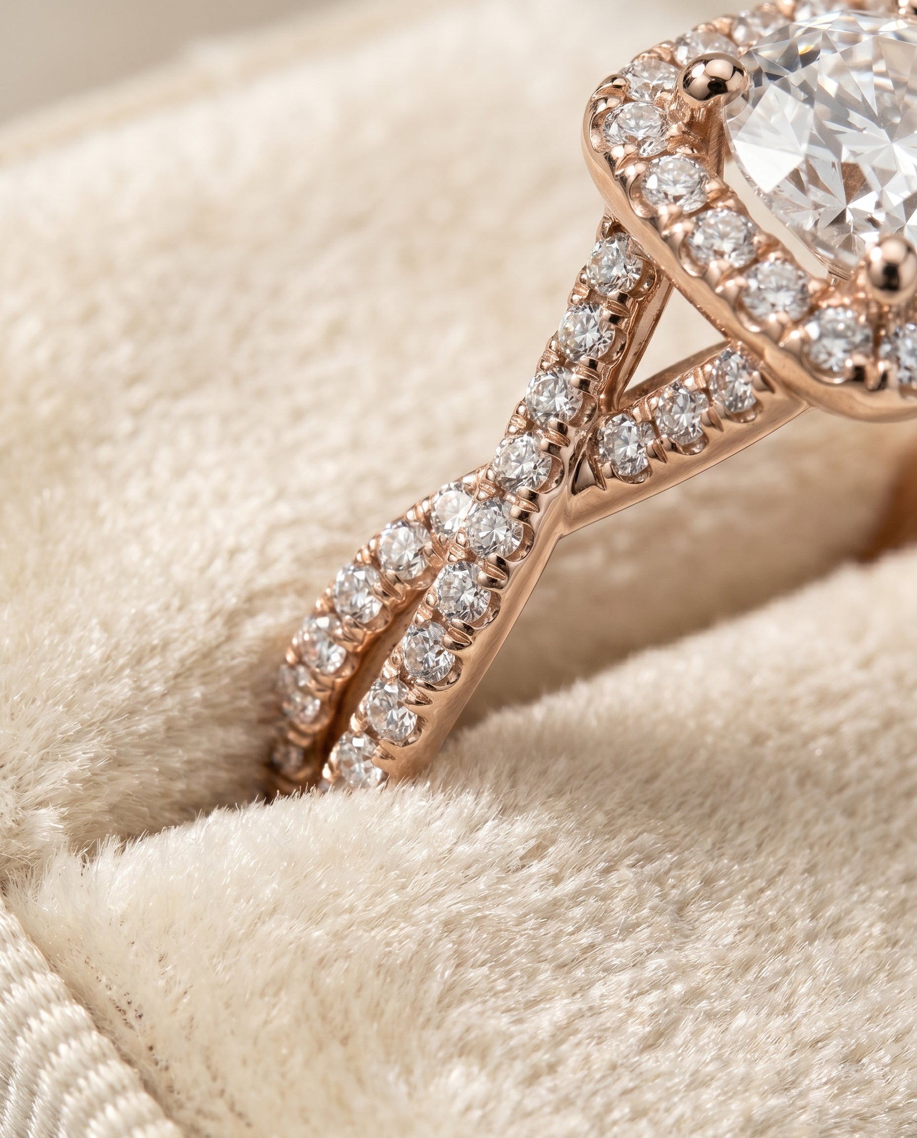 Shania Select Beaded Floral Halo Leaf Shoulders Round Lab Diamond Engagement Ring in 14K Rose Gold, detail view | RockHer