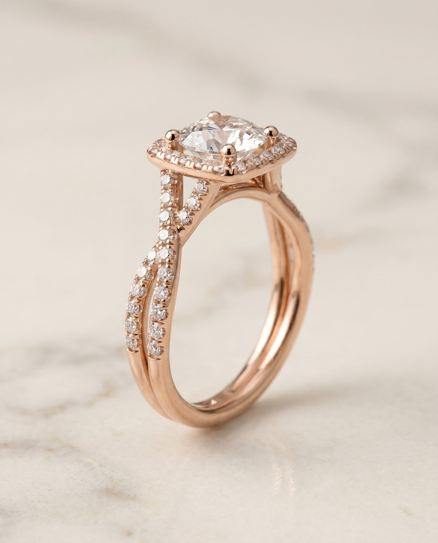 Round Brilliant, Beaded Floral Halo Leaf Shoulders, in 14K Rose Gold, pave setting – front view | RockHer