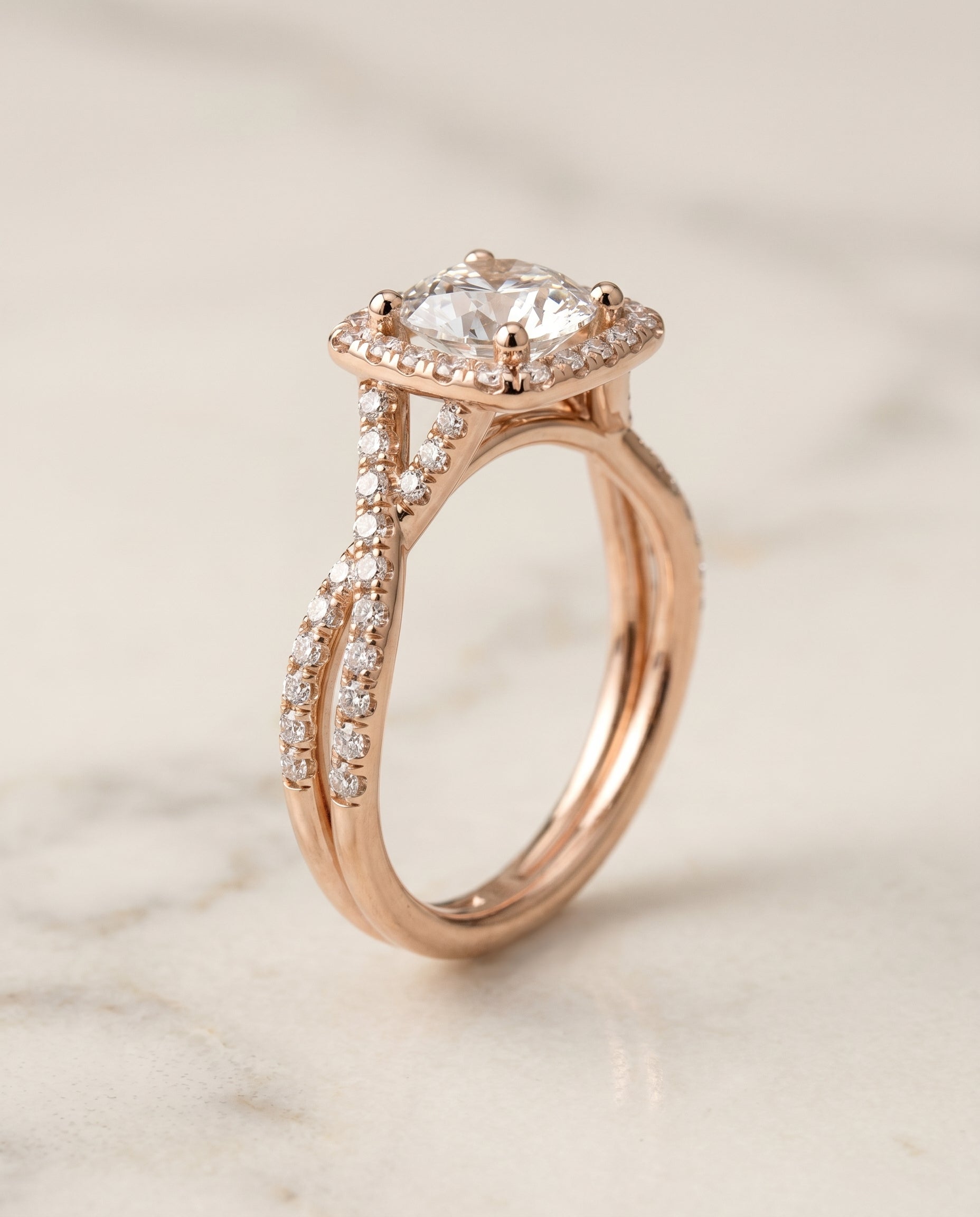 Shania Select Beaded Floral Halo Leaf Shoulders Round Lab Diamond Engagement Ring in 14K Rose Gold, front view | RockHer