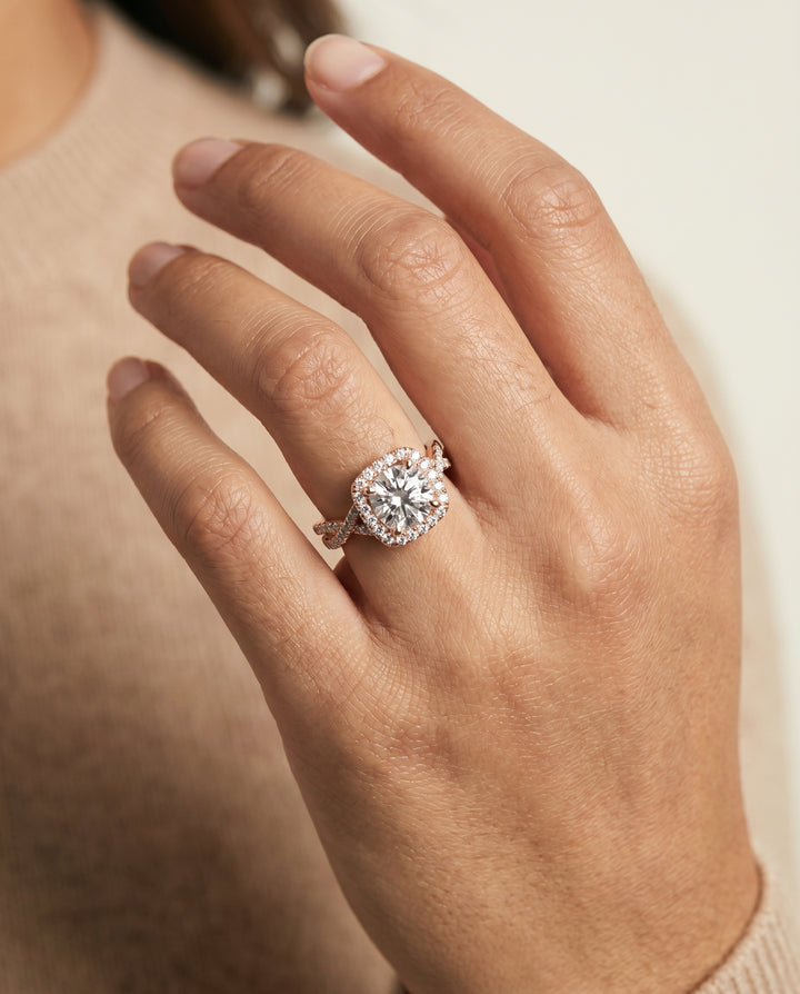 Round Brilliant, Beaded Floral Halo Leaf Shoulders, in 14K Rose Gold, pave setting – lifestyle shot | RockHer