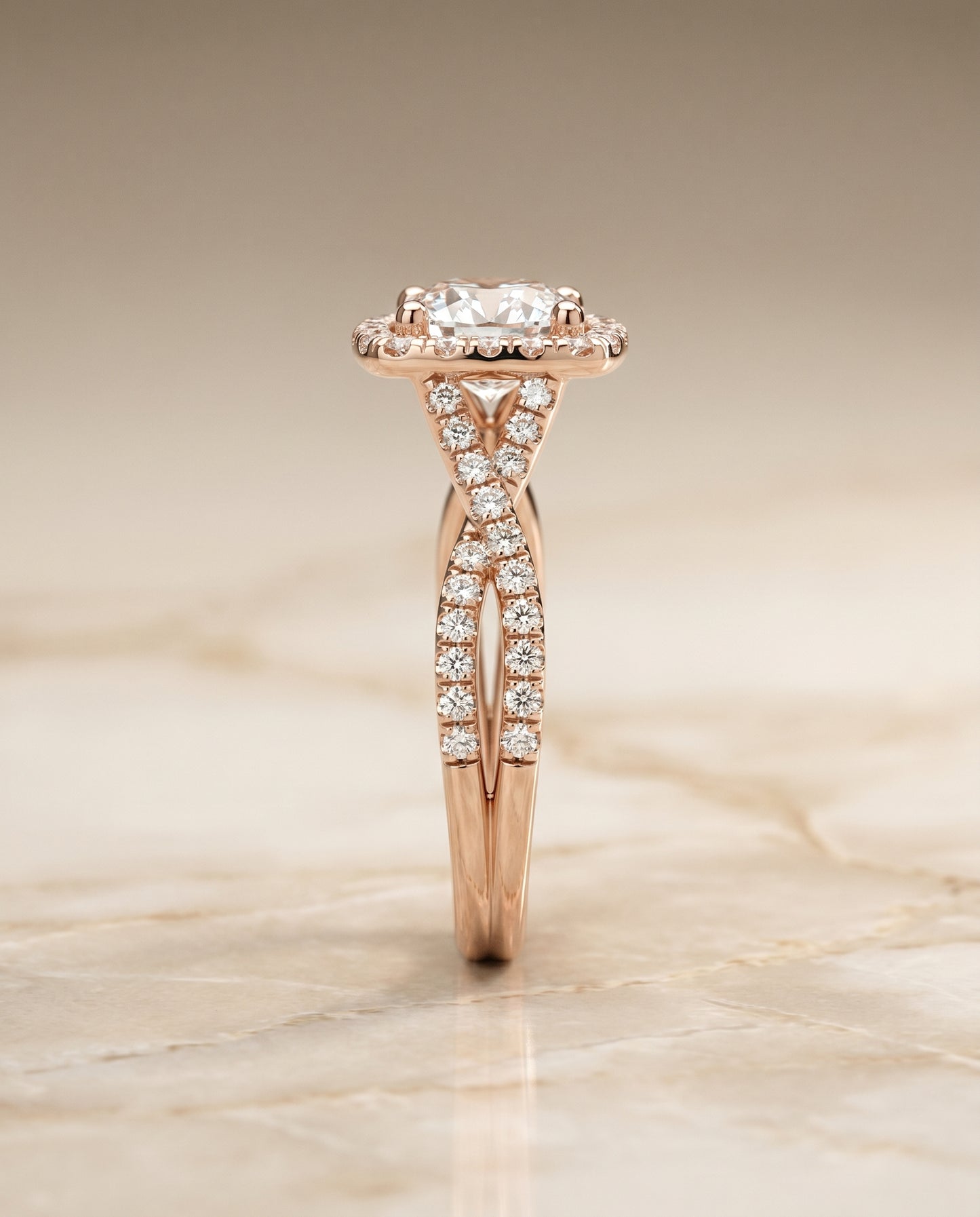 Round Brilliant, Beaded Floral Halo Leaf Shoulders, in 14K Rose Gold, pave setting – side profile | RockHer