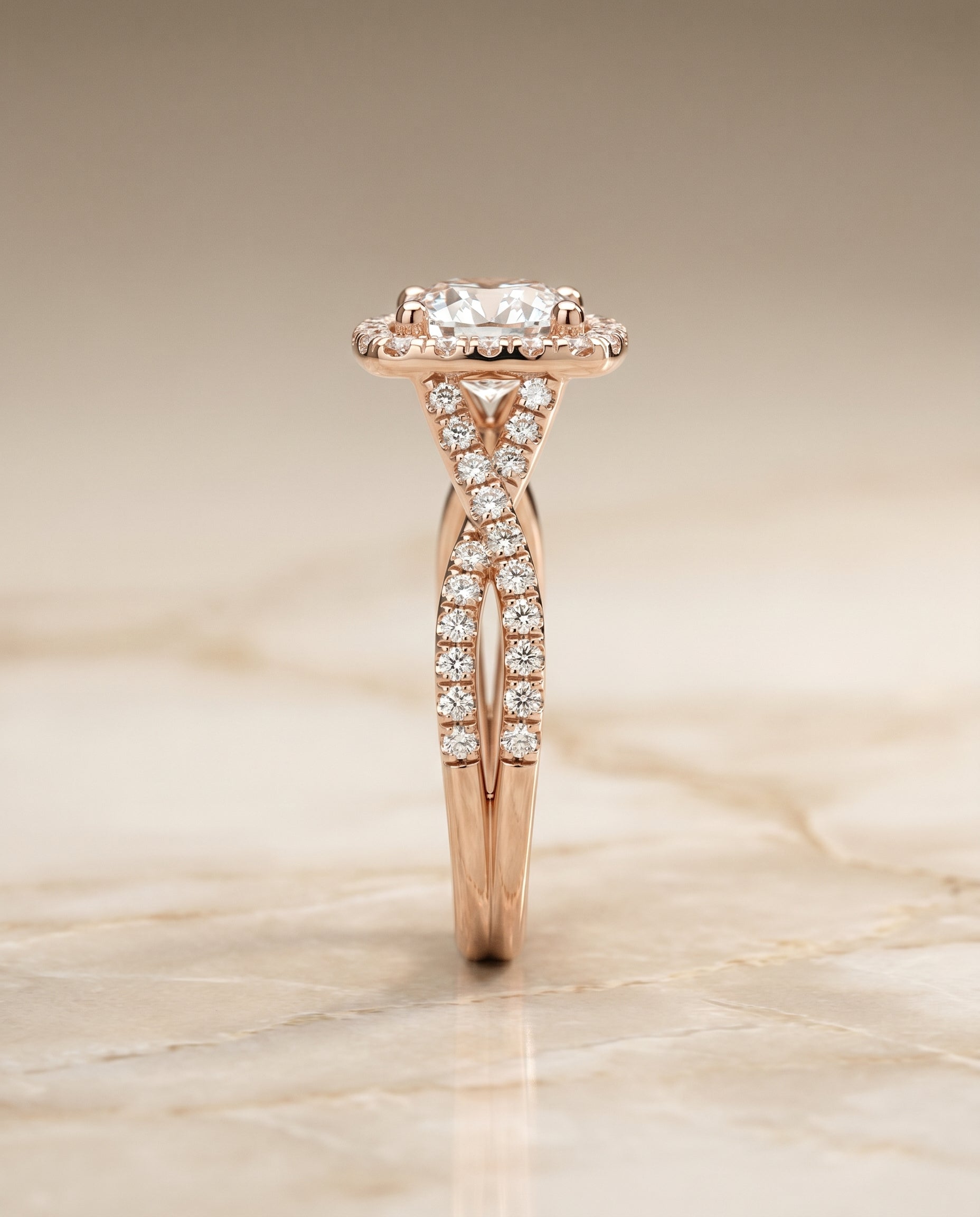 The Shania beaded floral halo leaf shoulders engagement ring setting, shown in 14K Rose Gold | RockHer