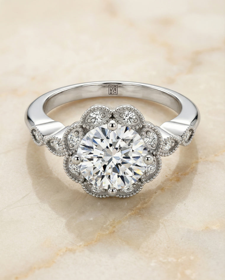 The Shania Beaded Floral Halo Leaf Shoulders Round Engagement Ring Setting in 18K White Gold