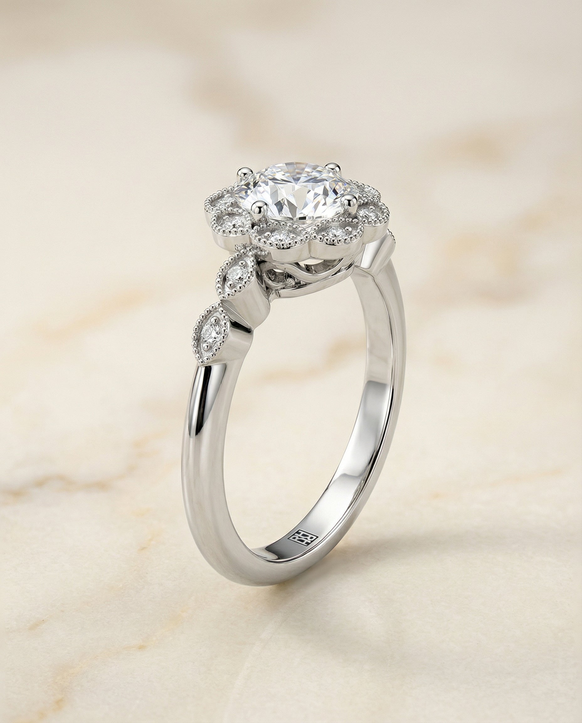 Beaded Floral Halo Leaf Shoulders styling on The Shania round engagement ring setting | RockHer