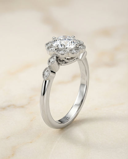 Round Brilliant, Beaded Floral Halo Leaf Shoulders, in Platinum, pave setting – front view | RockHer