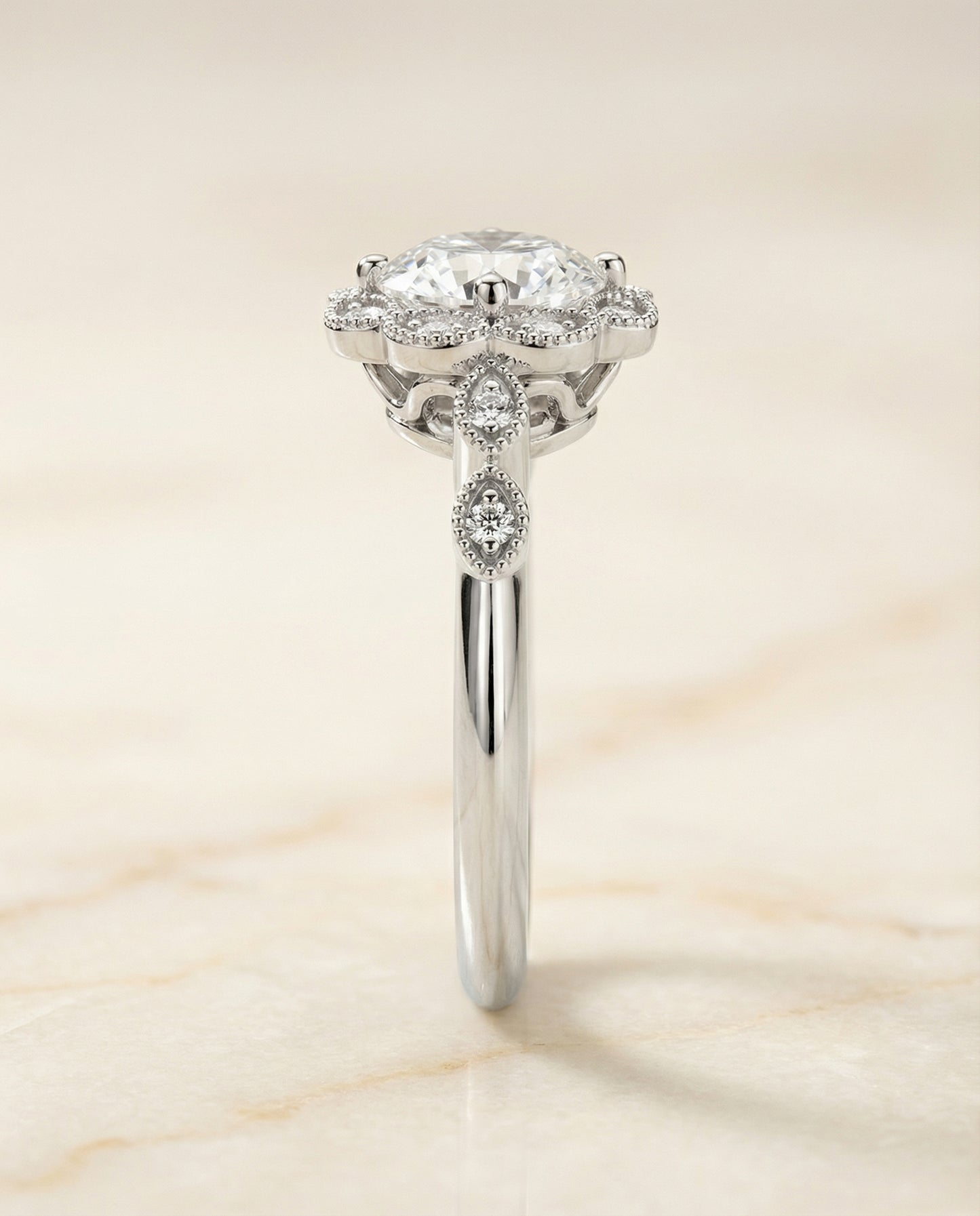 Round Brilliant, Beaded Floral Halo Leaf Shoulders, in 18K White Gold, pave setting – side profile | RockHer
