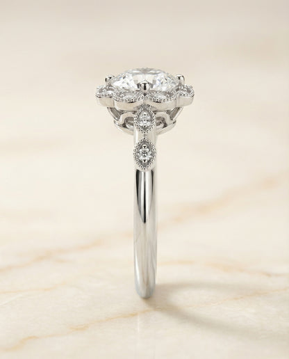 Round Brilliant, Beaded Floral Halo Leaf Shoulders, in 18K White Gold, pave setting – side profile | RockHer