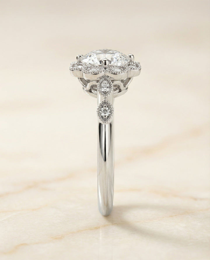 Shania Select beaded floral halo leaf shoulders round ring in 18K White Gold — side — RockHer