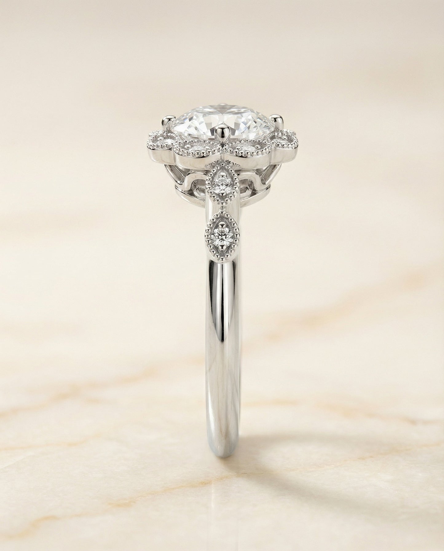 Shania Select Beaded Floral Halo Leaf Shoulders Round Lab Diamond Engagement Ring in 14K White Gold, side view | RockHer