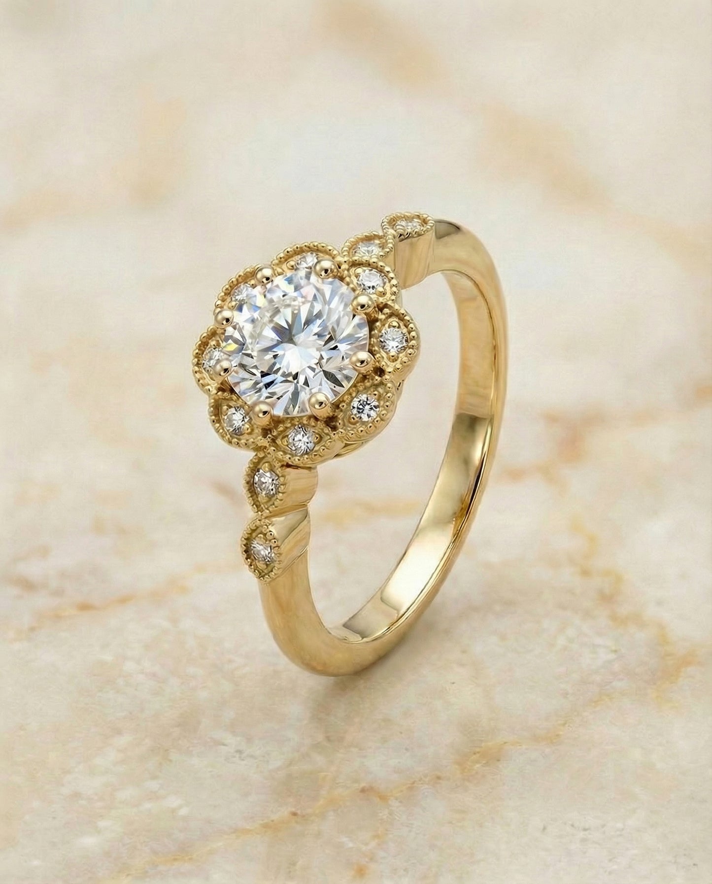 Round Brilliant, Beaded Floral Halo Leaf Shoulders, in 18K Yellow Gold, pave setting – angled view | RockHer