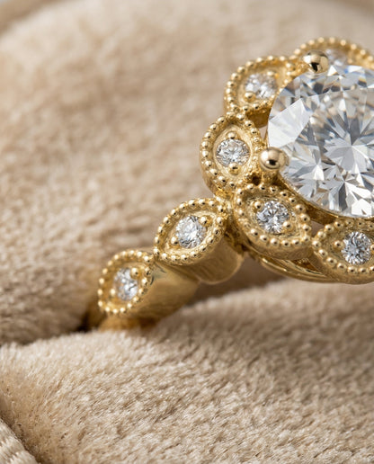 Shania Select Beaded Floral Halo Leaf Shoulders Round Lab Diamond Engagement Ring in 14K Yellow Gold, detail view | RockHer