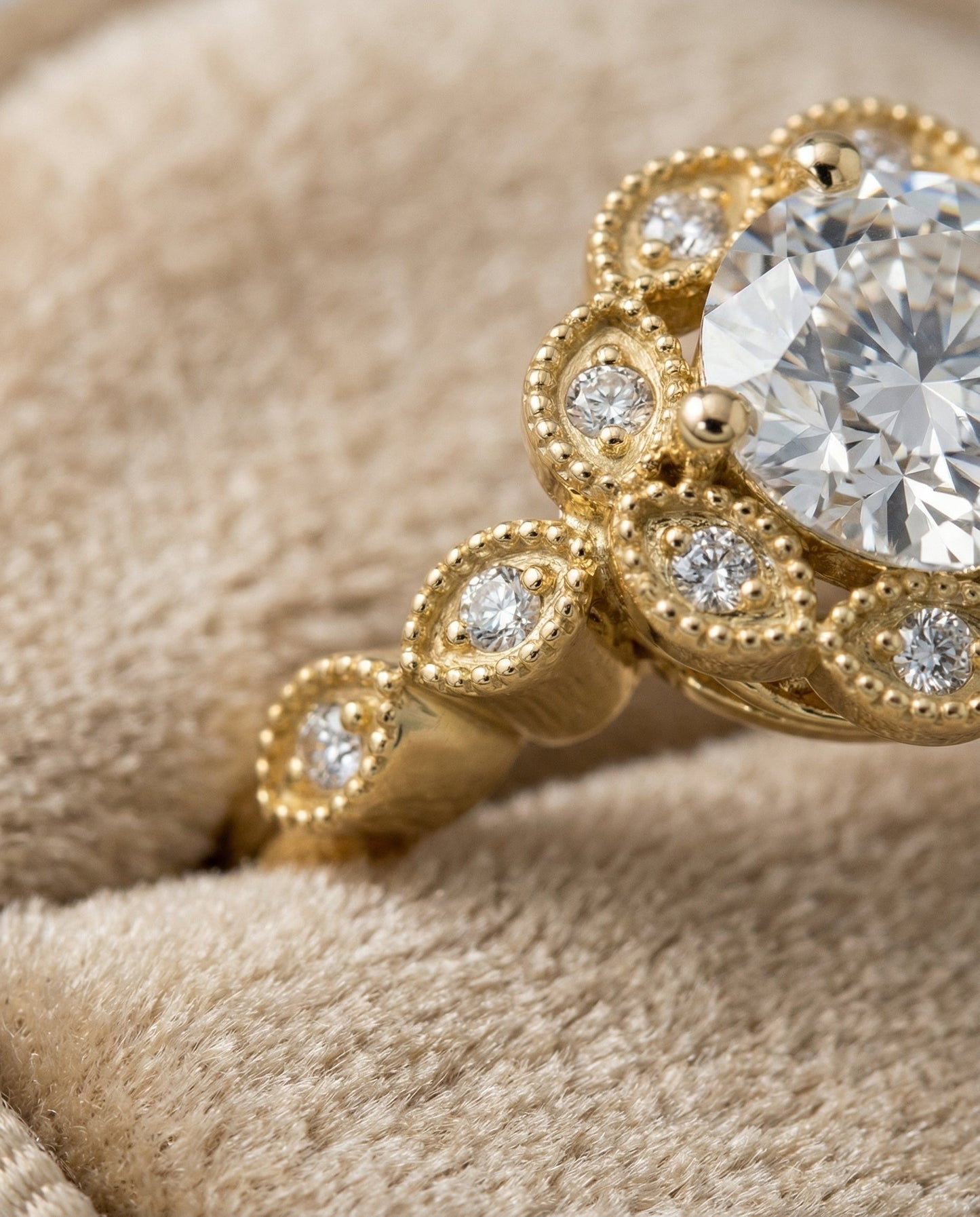 Shania Select beaded floral halo leaf shoulders round ring in 18K Yellow Gold — detail — RockHer