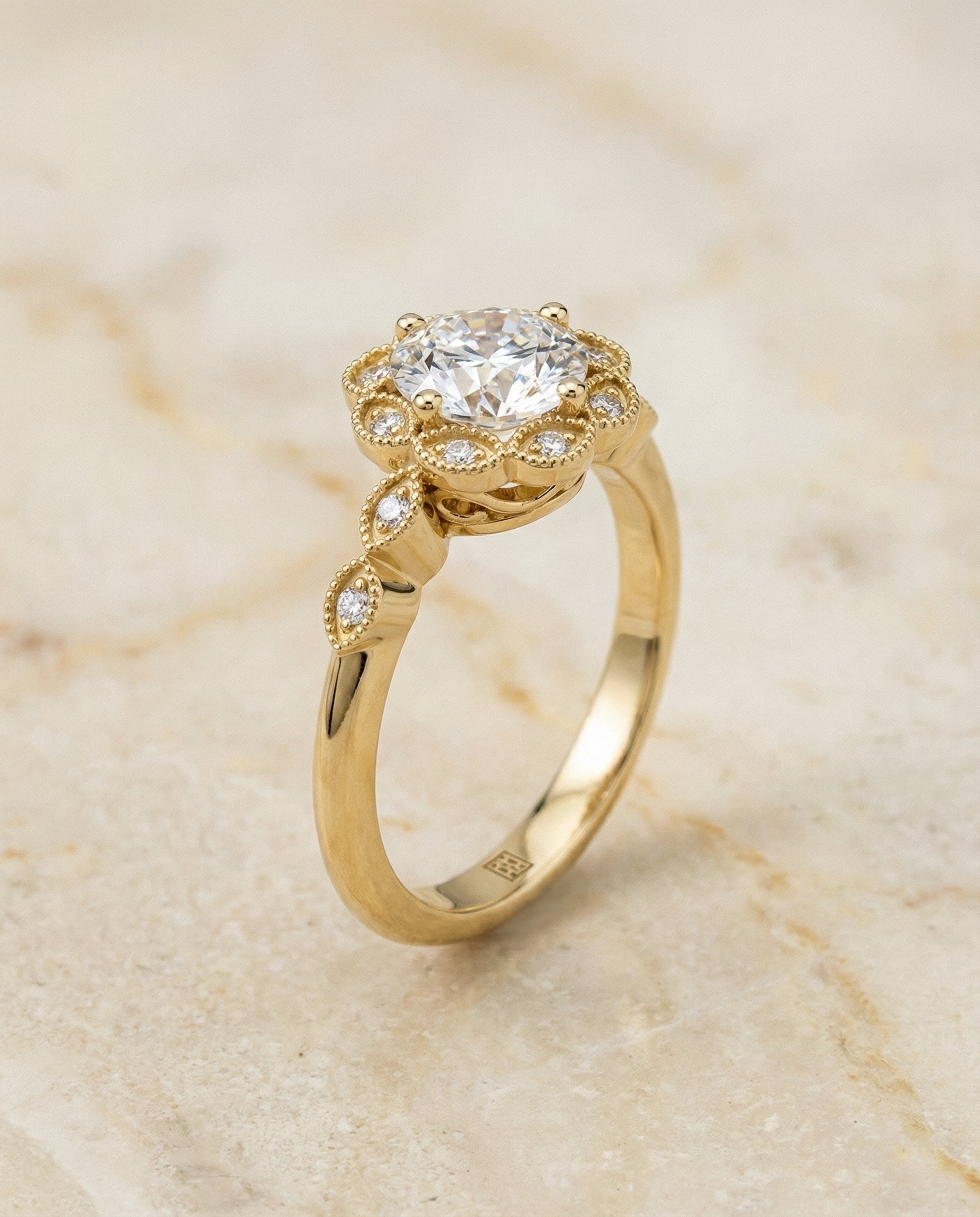Beaded Floral Halo Leaf Shoulders styling on The Shania round engagement ring setting | RockHer