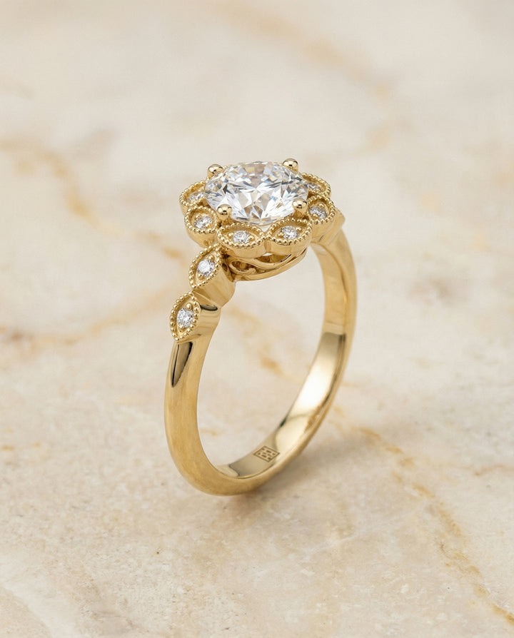 Round Brilliant, Beaded Floral Halo Leaf Shoulders, in 18K Yellow Gold, pave setting – front view | RockHer