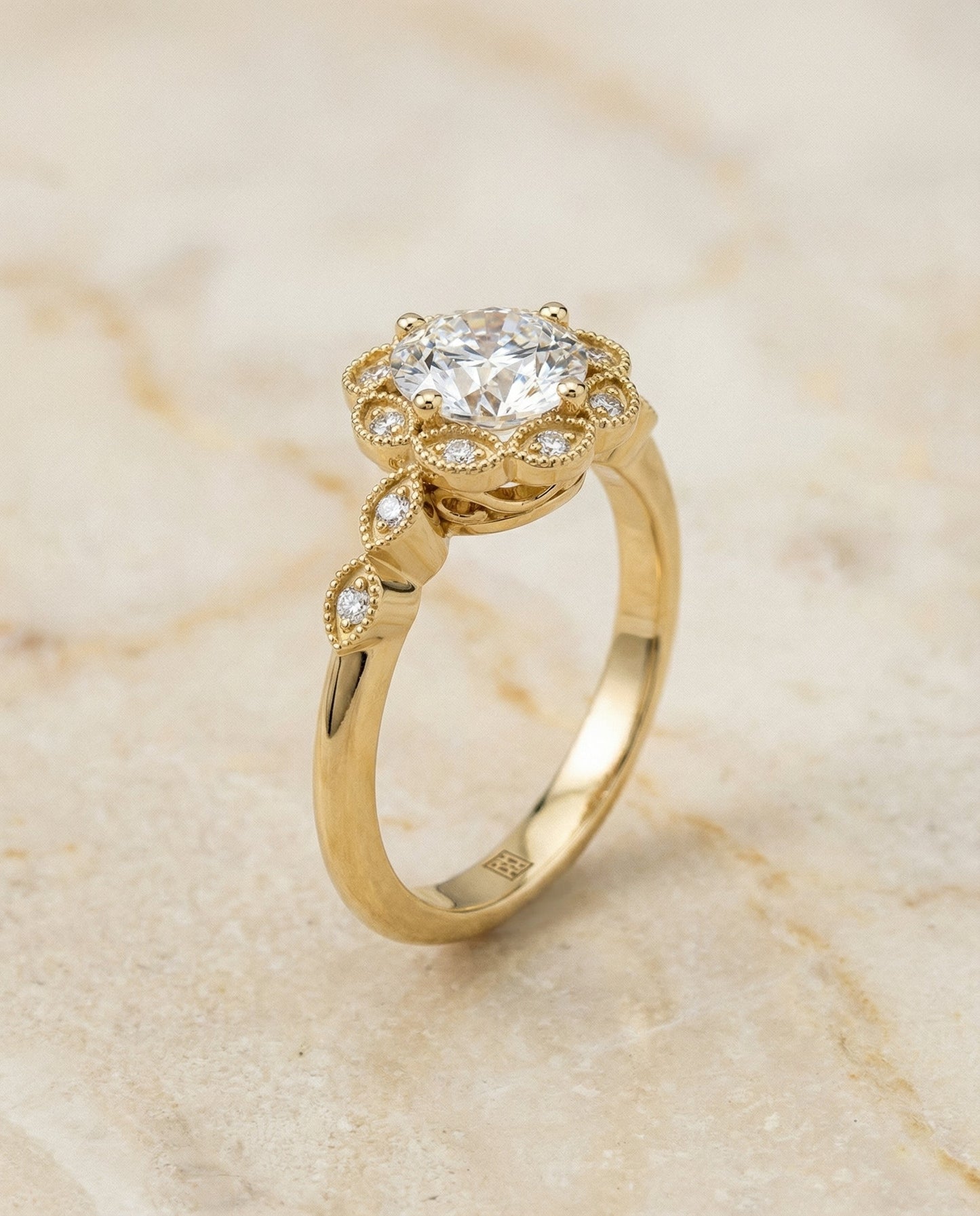 Shania Select Beaded Floral Halo Leaf Shoulders Round Lab Diamond Engagement Ring in 14K Yellow Gold, front view | RockHer