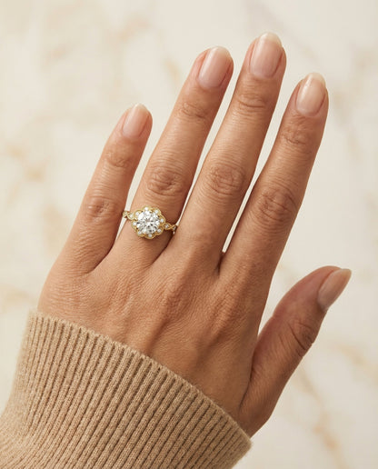 Shania Select beaded floral halo leaf shoulders round ring in 18K Yellow Gold — front — RockHer