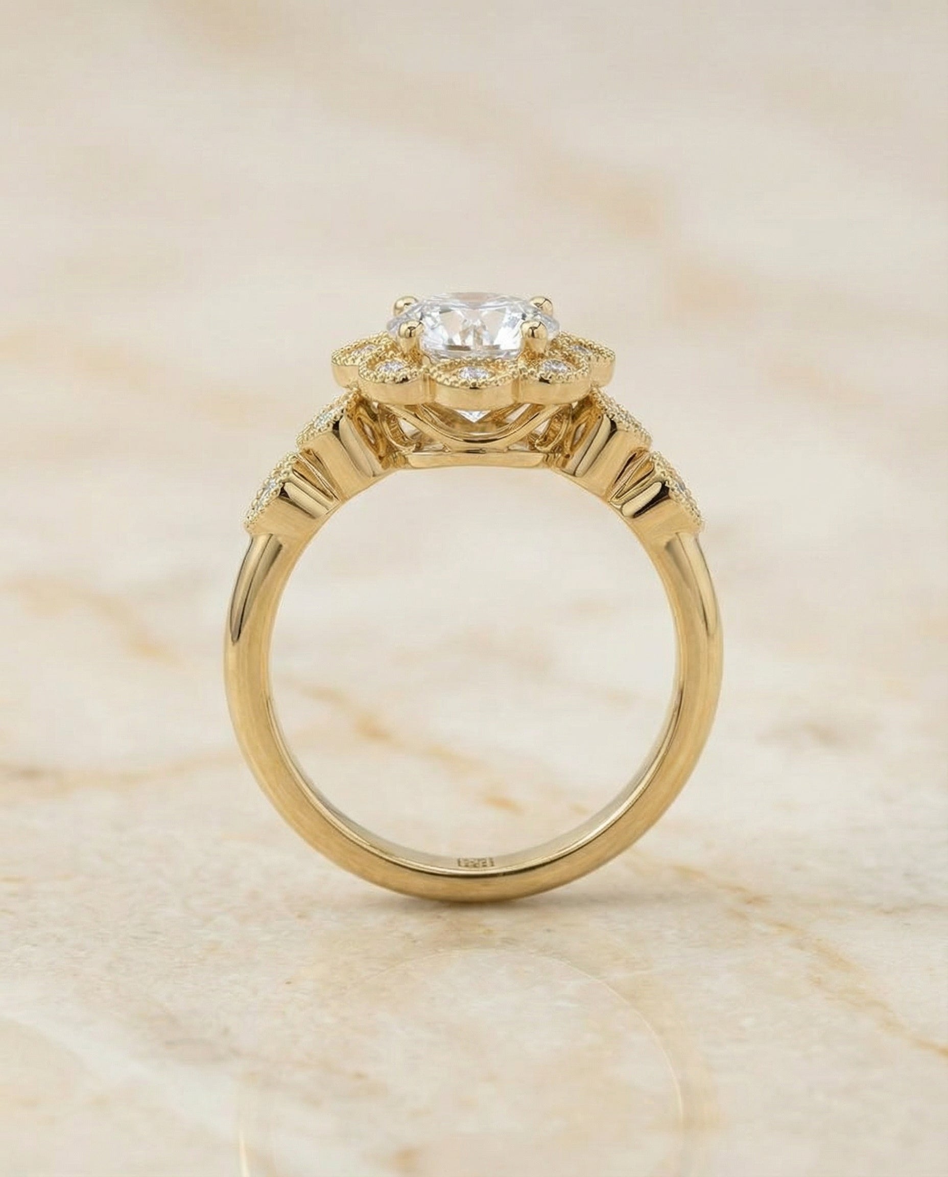 The Shania beaded floral halo leaf shoulders engagement ring setting, shown in 18K Yellow Gold | RockHer