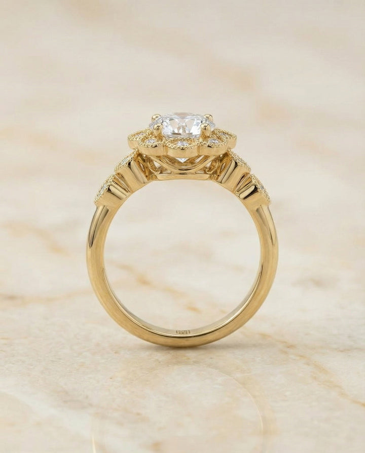 Round Brilliant, Beaded Floral Halo Leaf Shoulders, in 18K Yellow Gold, pave setting – side profile | RockHer