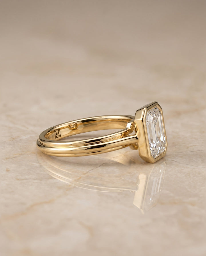 Hayley bezel cathedral solitaire engagement ring in 18K yellow gold with emerald lab diamond — RockHer
