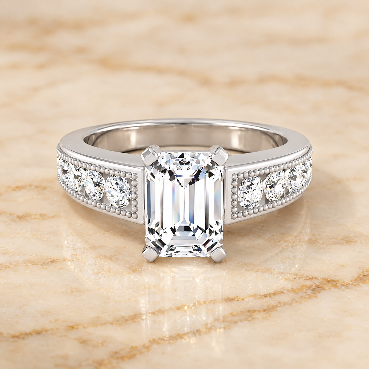 The Eleanor Antique Milgrain Channel Solitaire Emerald Cut Engagement Ring Setting in 18K White Gold